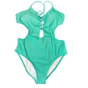 No Boundaries Womens Mint Green Ribbed Cutout Monokini Swimsuit XL 15-17